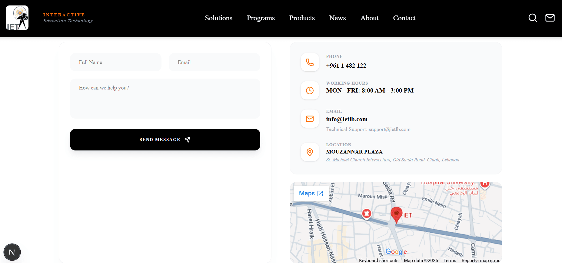 Contact page with email and map